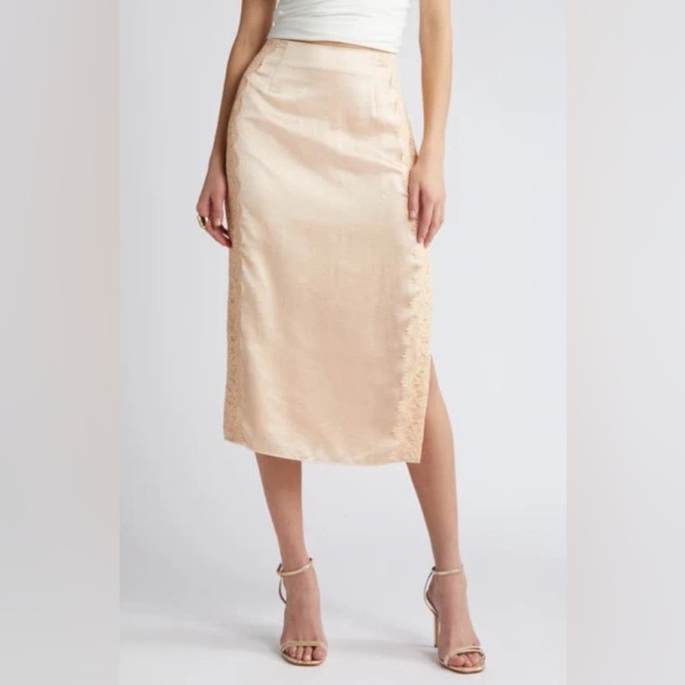 Open Edit Lace Panel Satin Skirt‎ in Beige Bisque Women’s Size 10